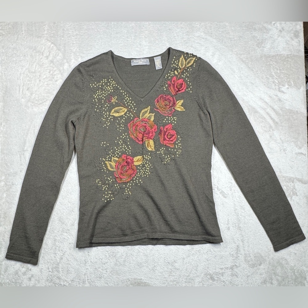 Vintage Kate Hill Wool Blend Embroidered Rose Floral Green Red V Neck Sweater MP